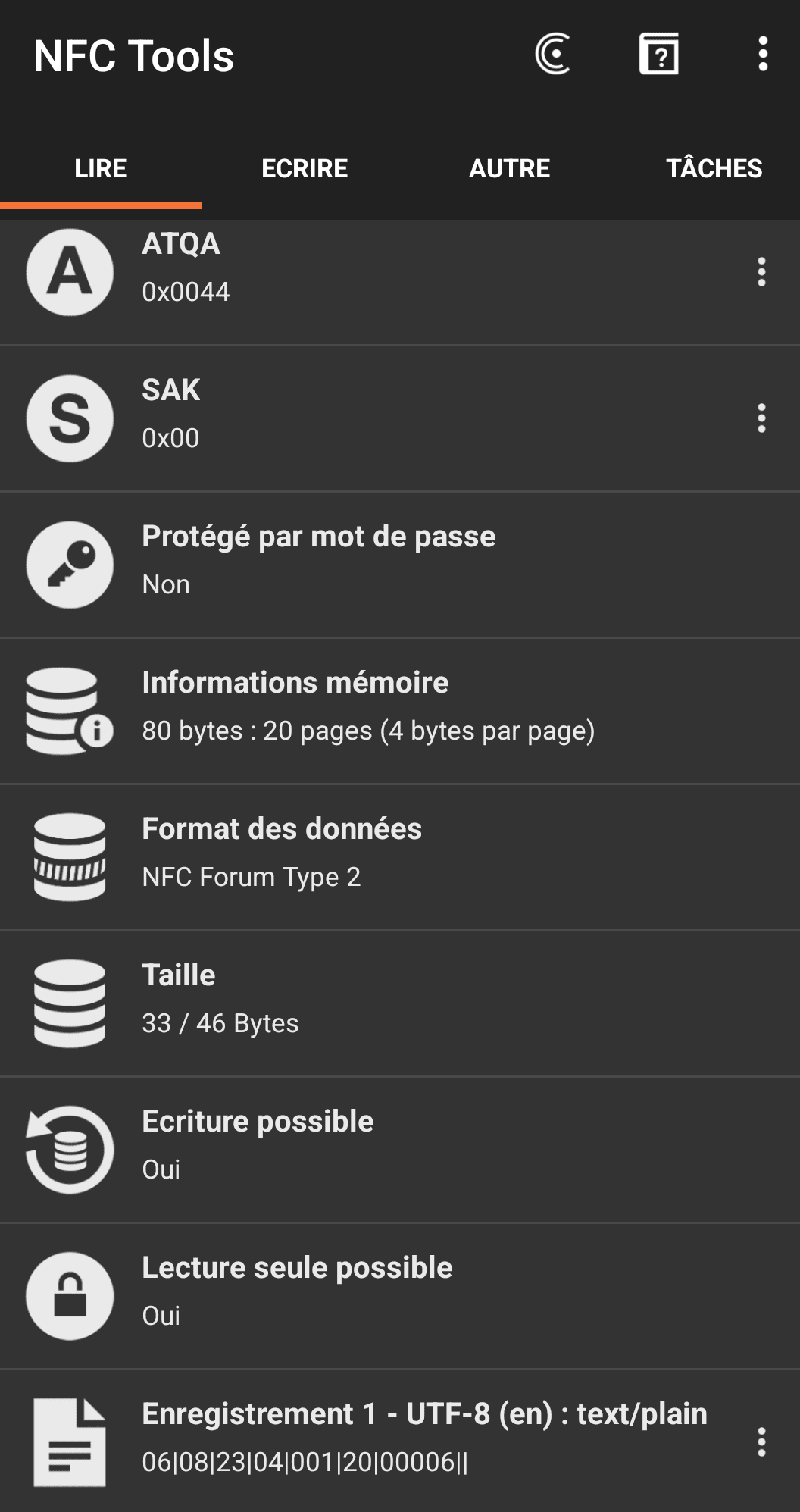 Le résultat de la lecture du bracelet